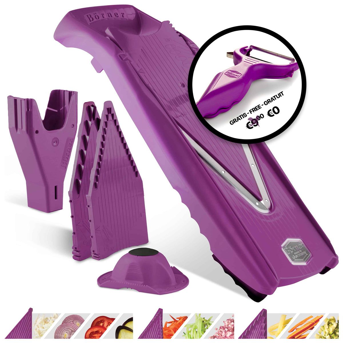 Börner Mandoline V5 PowerLine - Starter Set + FREE 6-in-1 peeler-garniishing knife - PURPLE
